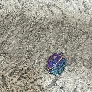 Colorful Abstract Dichroic Glass Disc Pendant Silver Chain 26” Necklace